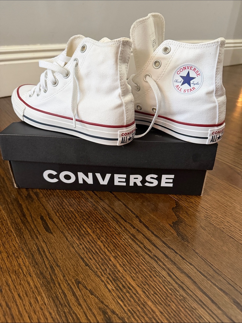 Converse White High Top Sneakers with Red & Navy Accents